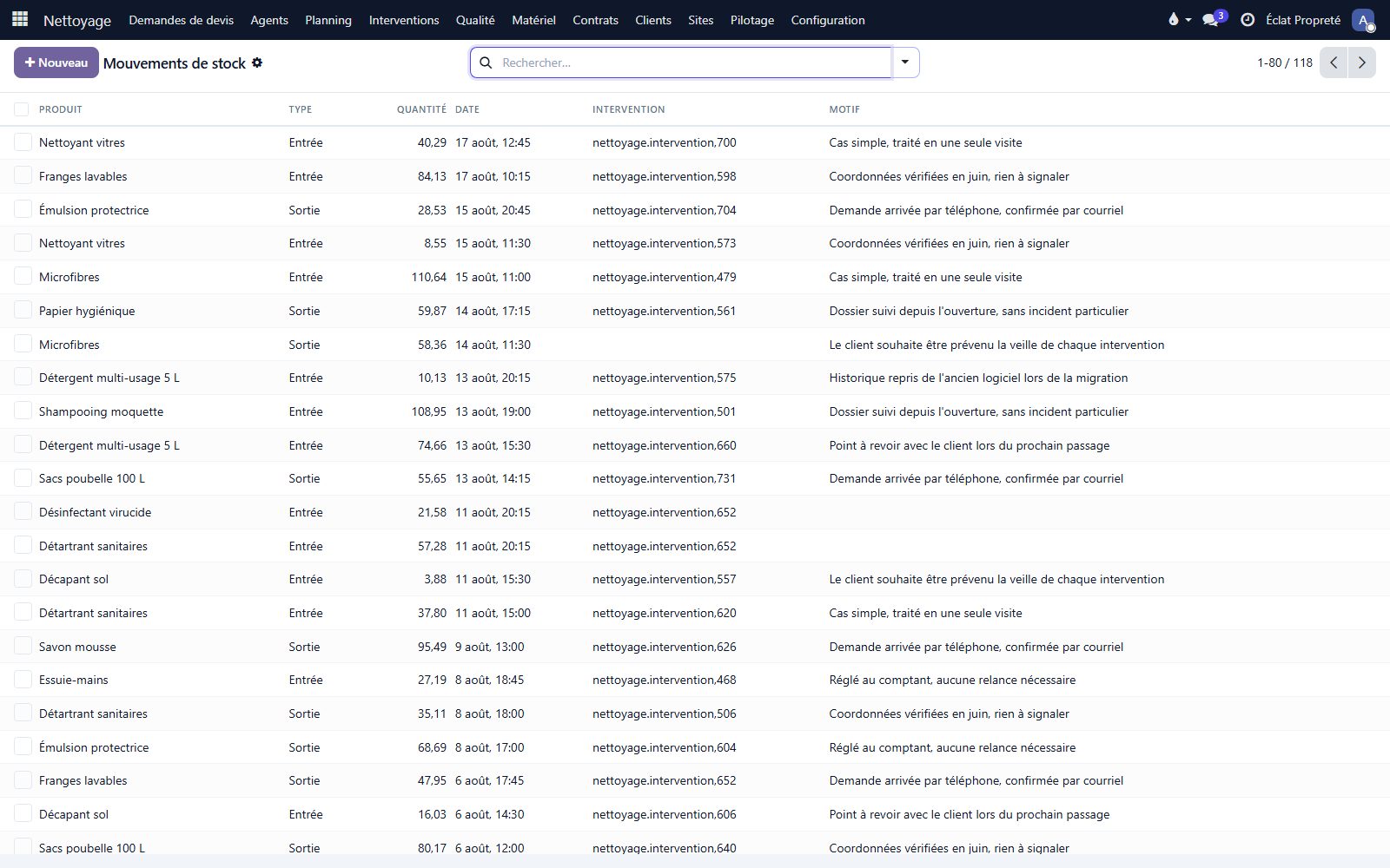 Logiciel de nettoyage — écran Mouvements de stock